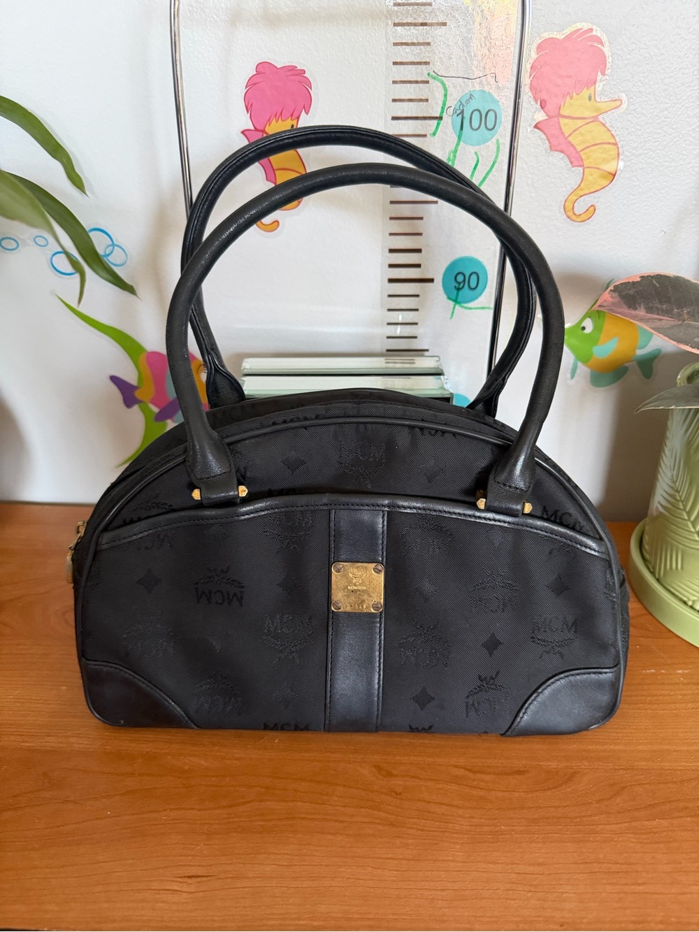 MCM Black Logo Dome Satchel with Gold Plaque